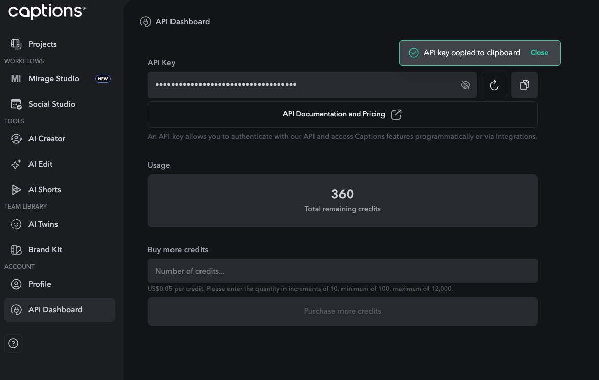 Captions API dashboard