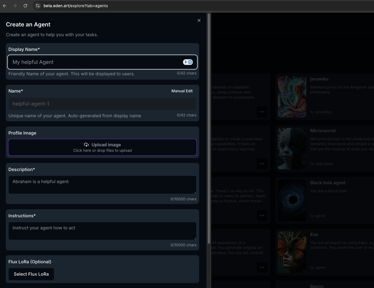 Agent builder form