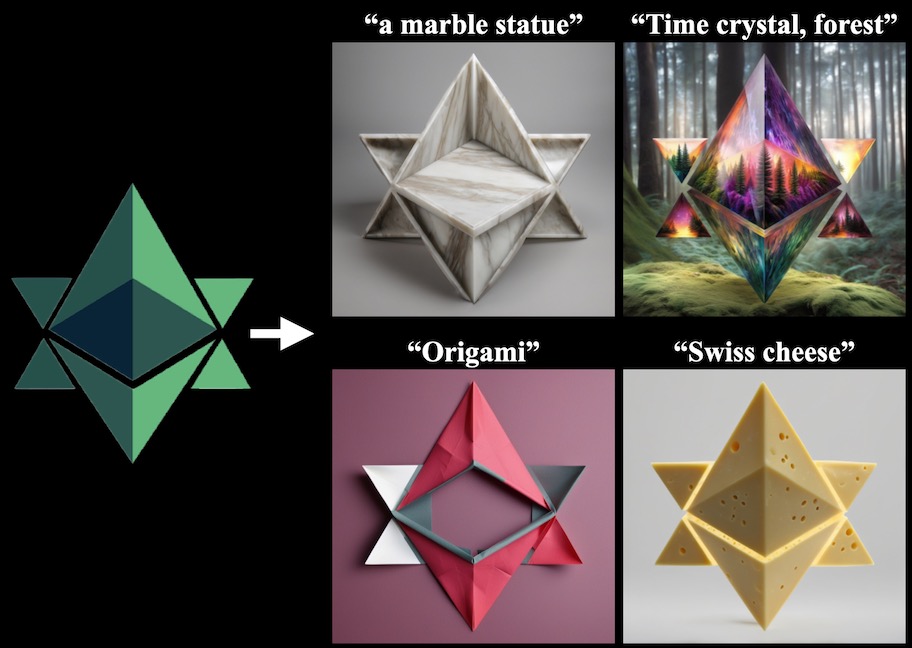 An example of canny-edge controlnet images driven by the Eden logo. The leftmost image (the Eden logo) is the control image, the four images to the right are output images given different prompts.