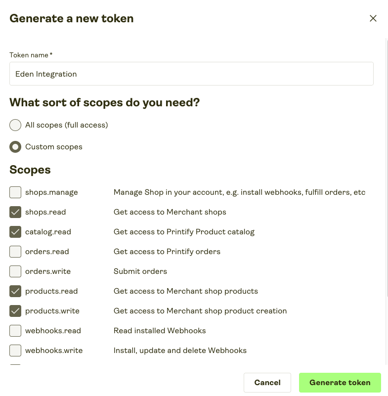API token scopes configuration