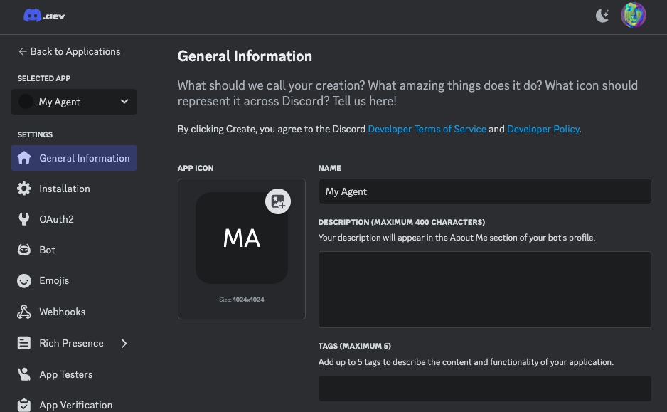 Discord deployment settings. Give it a profile image/