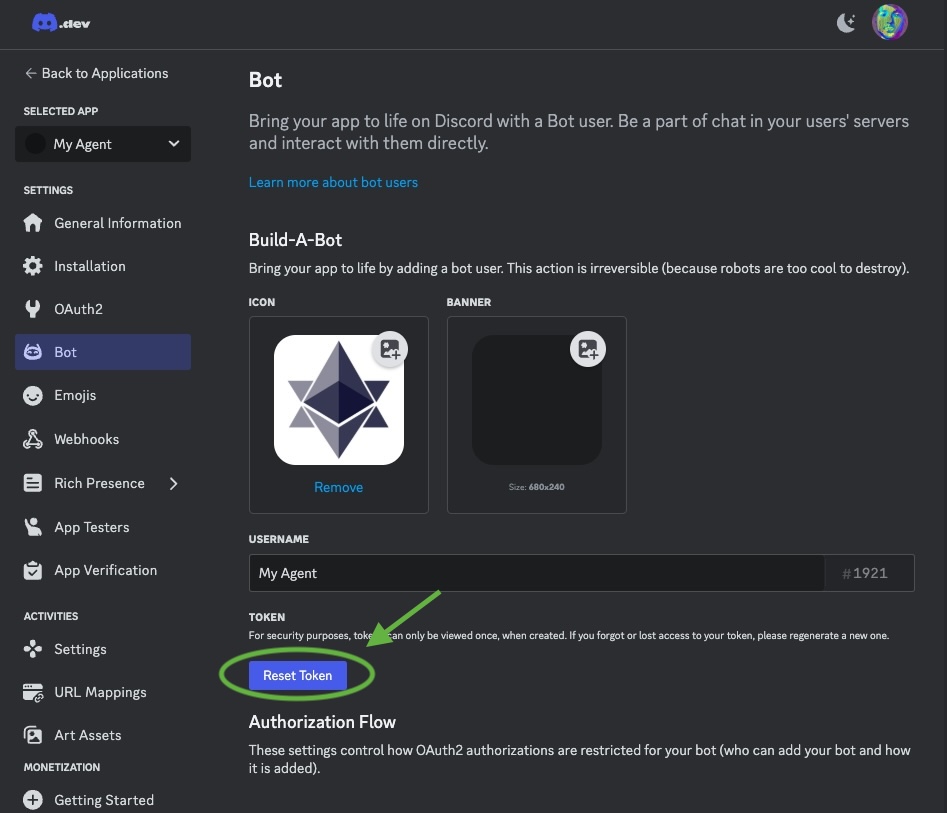 Click 'Reset Token' to generate a new token and copy it somewhere safe.