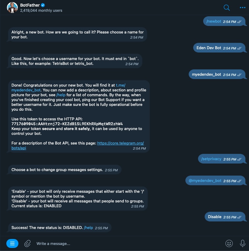 Creating a new bot in Telegram